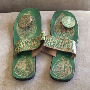 Women’s Green / Gold Leather Handmade Sandal - Made in India